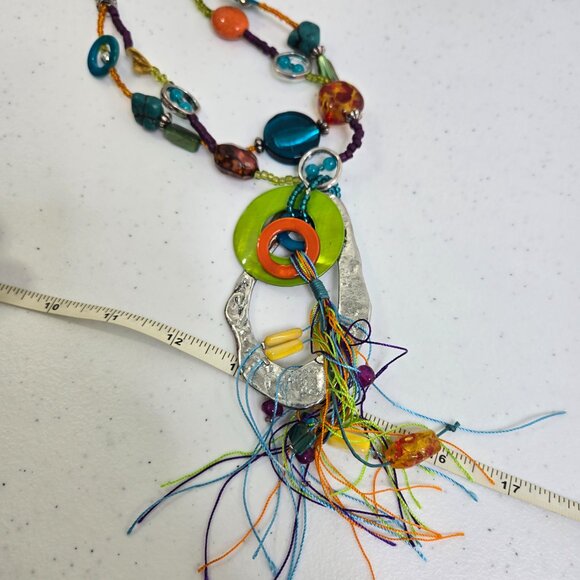 Treska Necklace Earrings Set Fringe Rainbow Shell Long Statement Boho Beaded - Picture 7 of 9